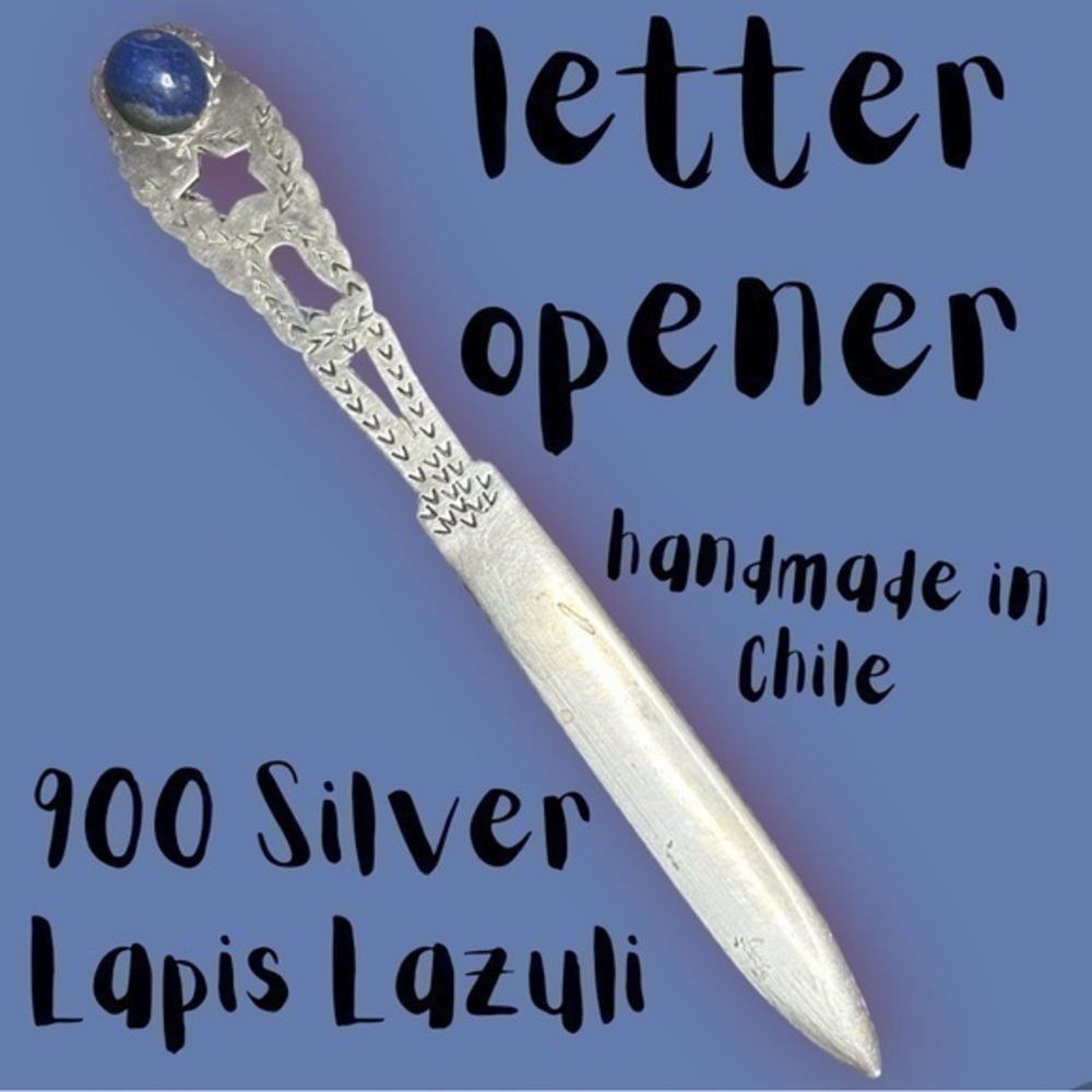 Vintage Antique Hand Stamped 900 Silver Letter Opener with Lapis Lazuli Stone
